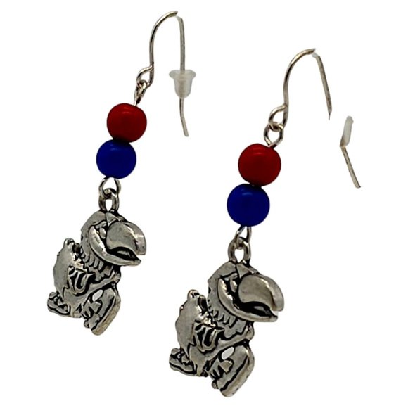 KU Jayhawks University of Kansas Earrings Red Blue Silver Tone F26 - Picture 2 of 5